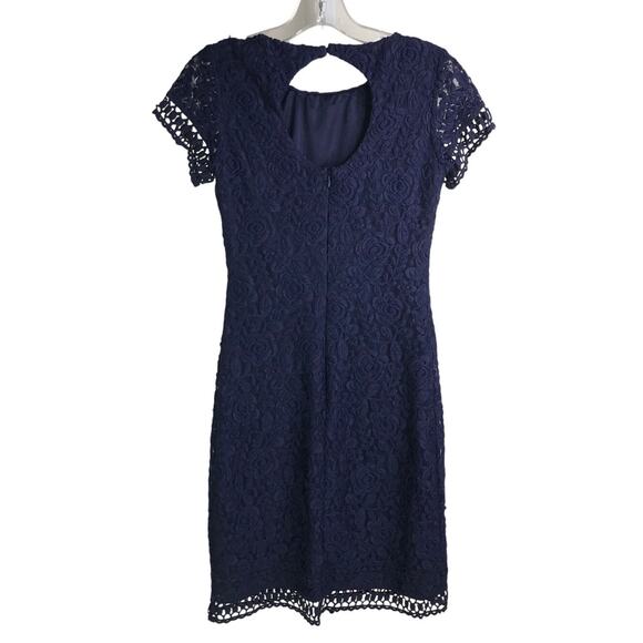 Laundry By Shelli Segal Lace Dress Wns Sz 2 Navy Blue Key Hole Back Short Sleeve - Picture 3 of 7